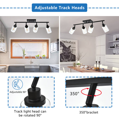 Bathroom Vanity Light 4 Light Track Lighting Fixtures Black, Ceiling Lighting Fixtures with Rotatable Track Head for Hallway Porch Foyer Bath Storage, Clear Glass Shade