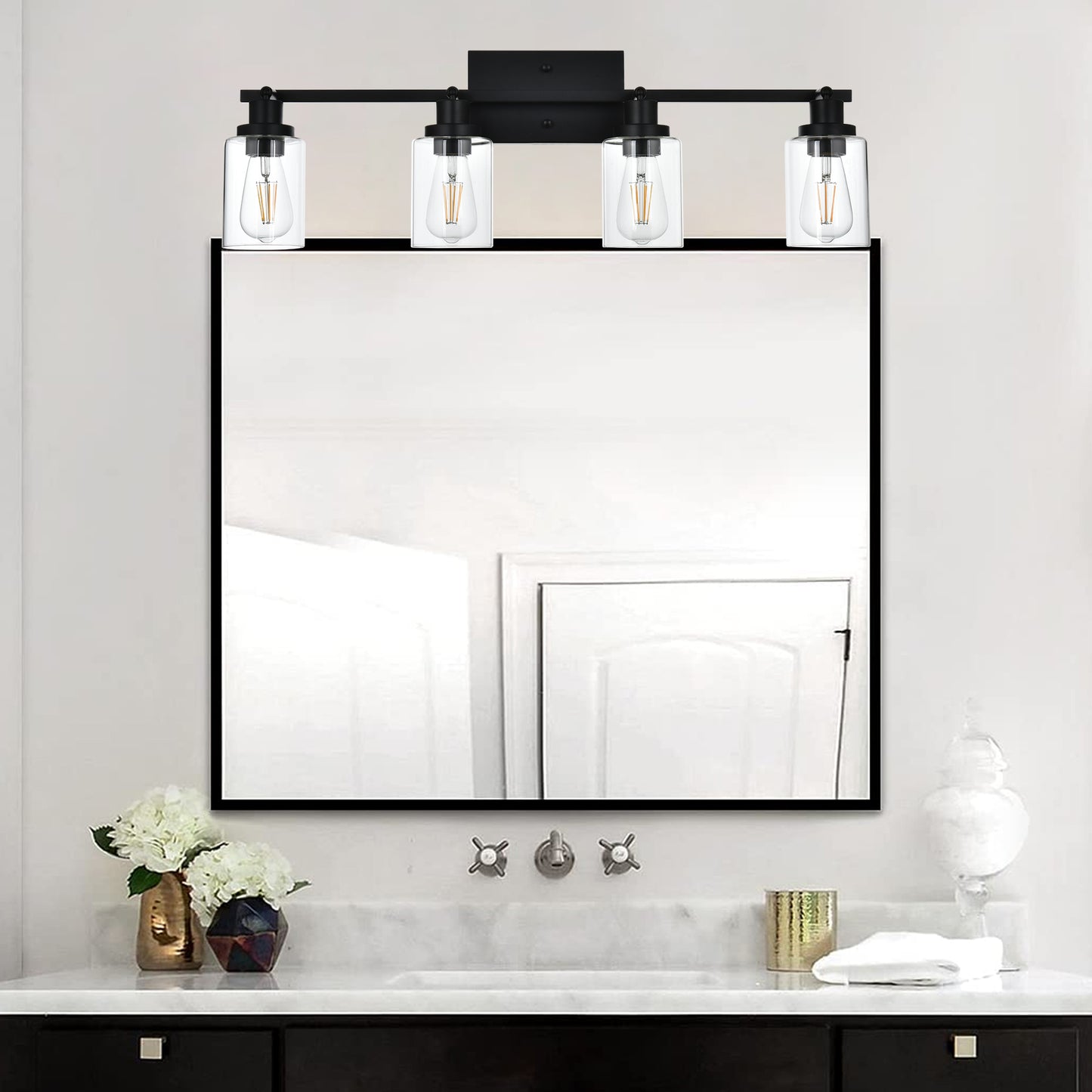 Bathroom Vanity Light 4 Light Track Lighting Fixtures Black, Ceiling Lighting Fixtures with Rotatable Track Head for Hallway Porch Foyer Bath Storage, Clear Glass Shade