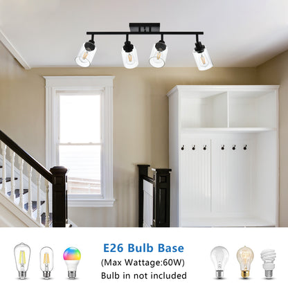 Bathroom Vanity Light 4 Light Track Lighting Fixtures Black, Ceiling Lighting Fixtures with Rotatable Track Head for Hallway Porch Foyer Bath Storage, Clear Glass Shade