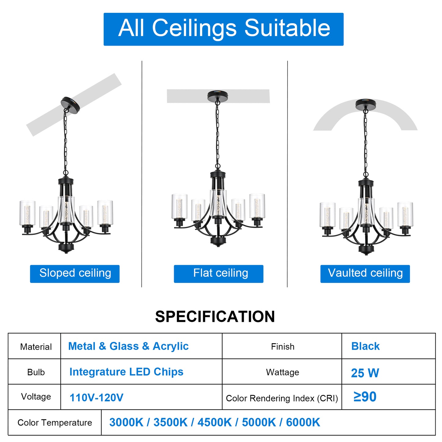 Melucee Reid Pendant Light with Clear Glass Shade, Built-in LED Chips, 5CCT Adjustable