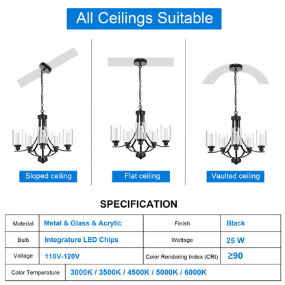Melucee Reid Pendant Light with Clear Glass Shade, Built-in LED Chips, 5CCT Adjustable
