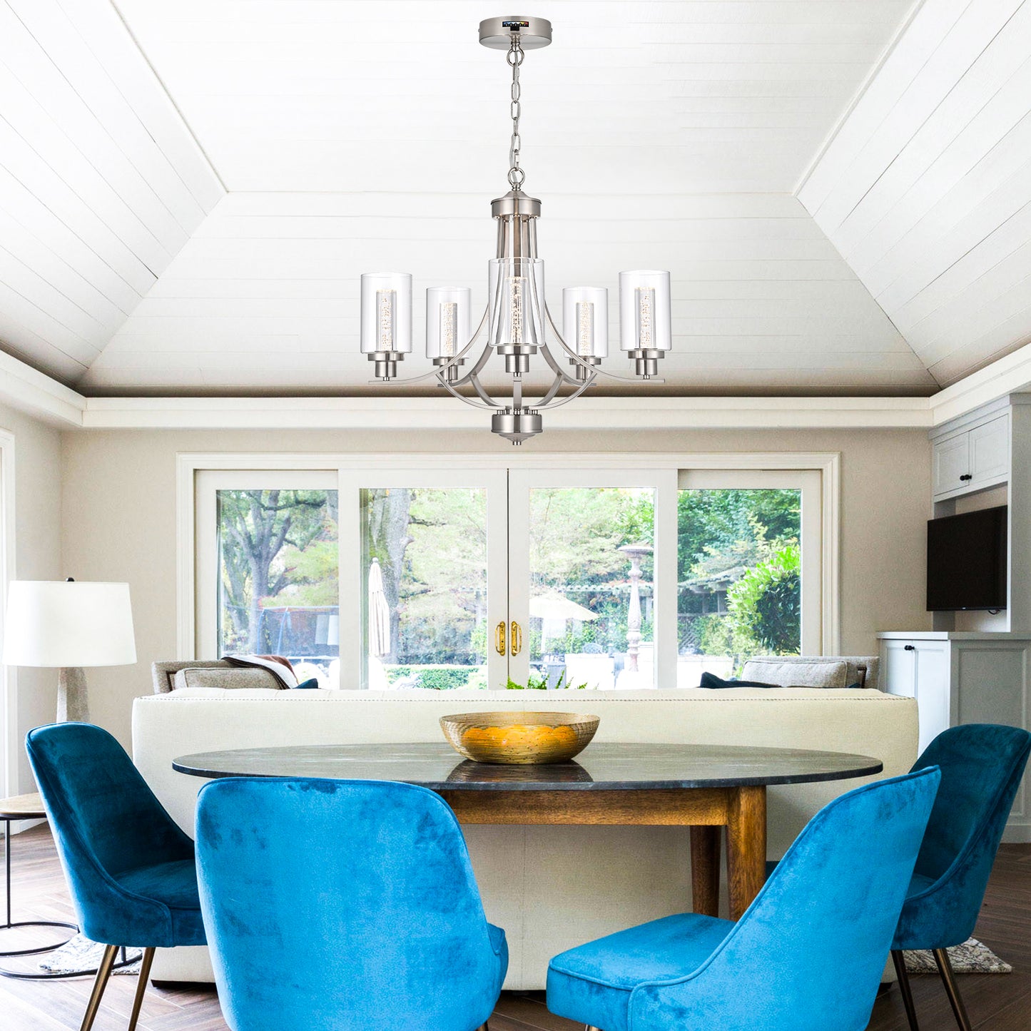 Melucee Reid Pendant Light with Clear Glass Shade, Built-in LED Chips, 5CCT Adjustable