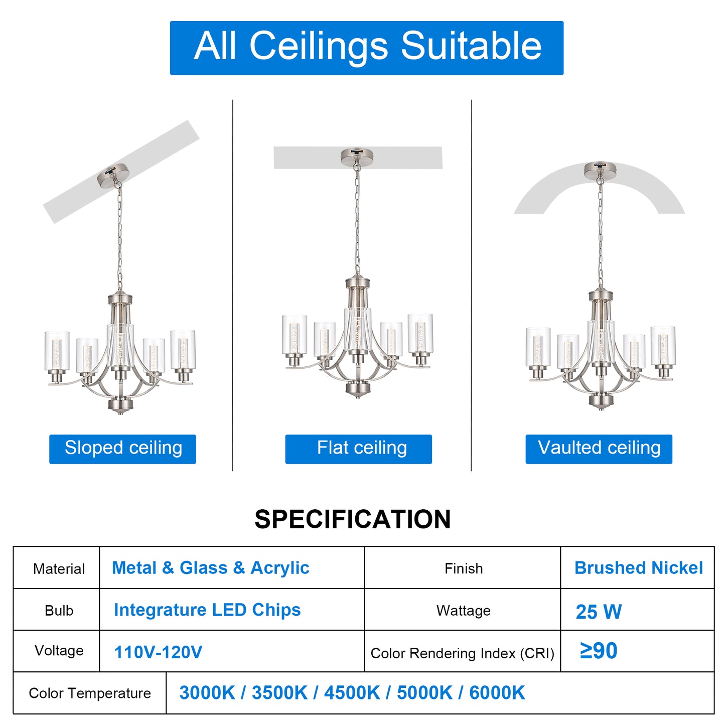 Melucee Reid Pendant Light with Clear Glass Shade, Built-in LED Chips, 5CCT Adjustable