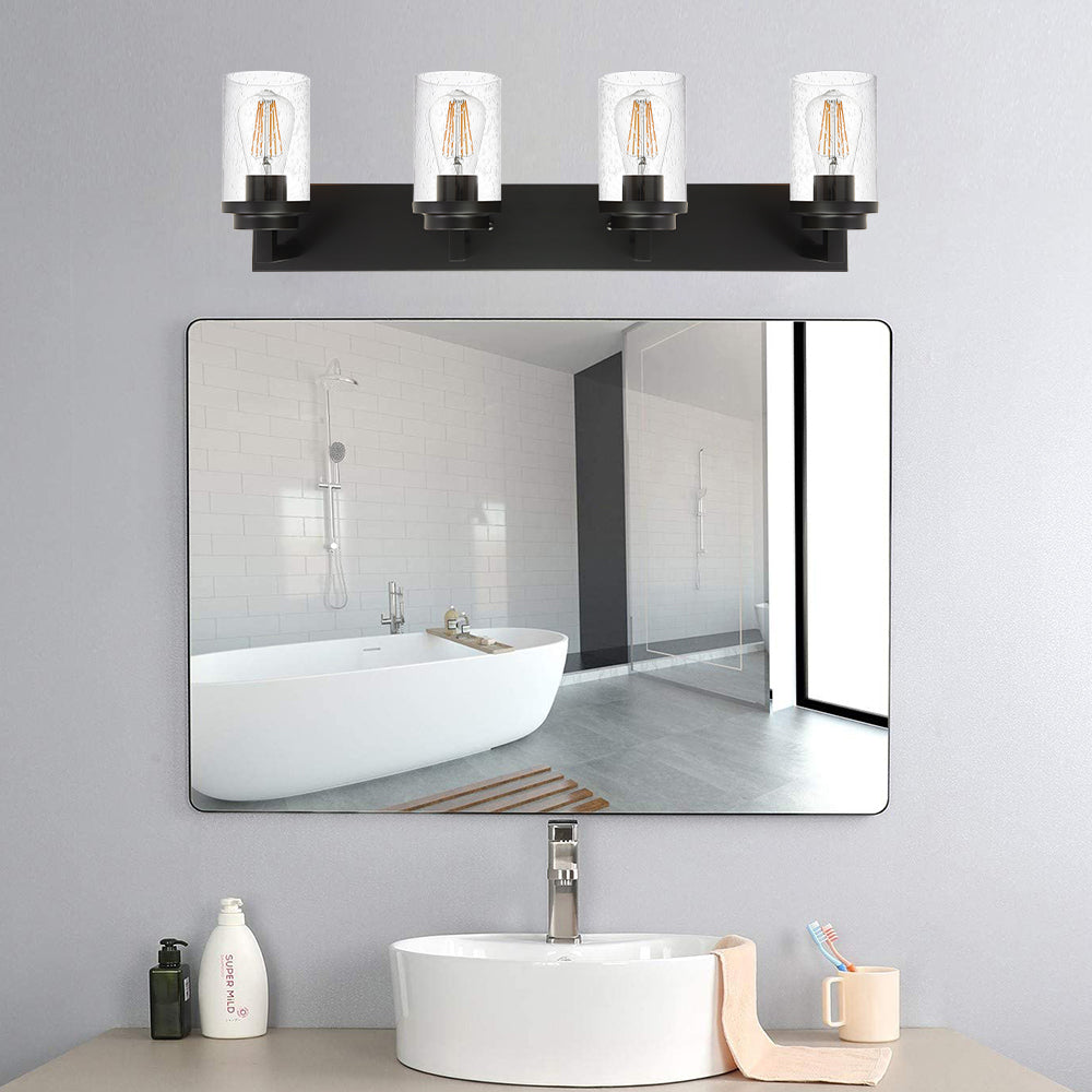 Bathroom Vanity Light, 4-Light Modern Wall Mount Light Fixture Black, Farmhouse Bath Lighting Over Mirror with Seeded Glass Shade for Powder Room Living Room Kitchen, 31.0 Inches Length