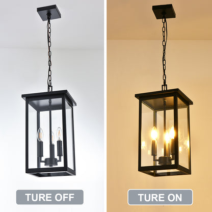 Black Outdoor Pendant Lanern, E12 Candle Chandelier 3-Lights Large Exterior Hanging Light Fixture with Clear Glass Height Adjustable for Indoor Entryway Porch