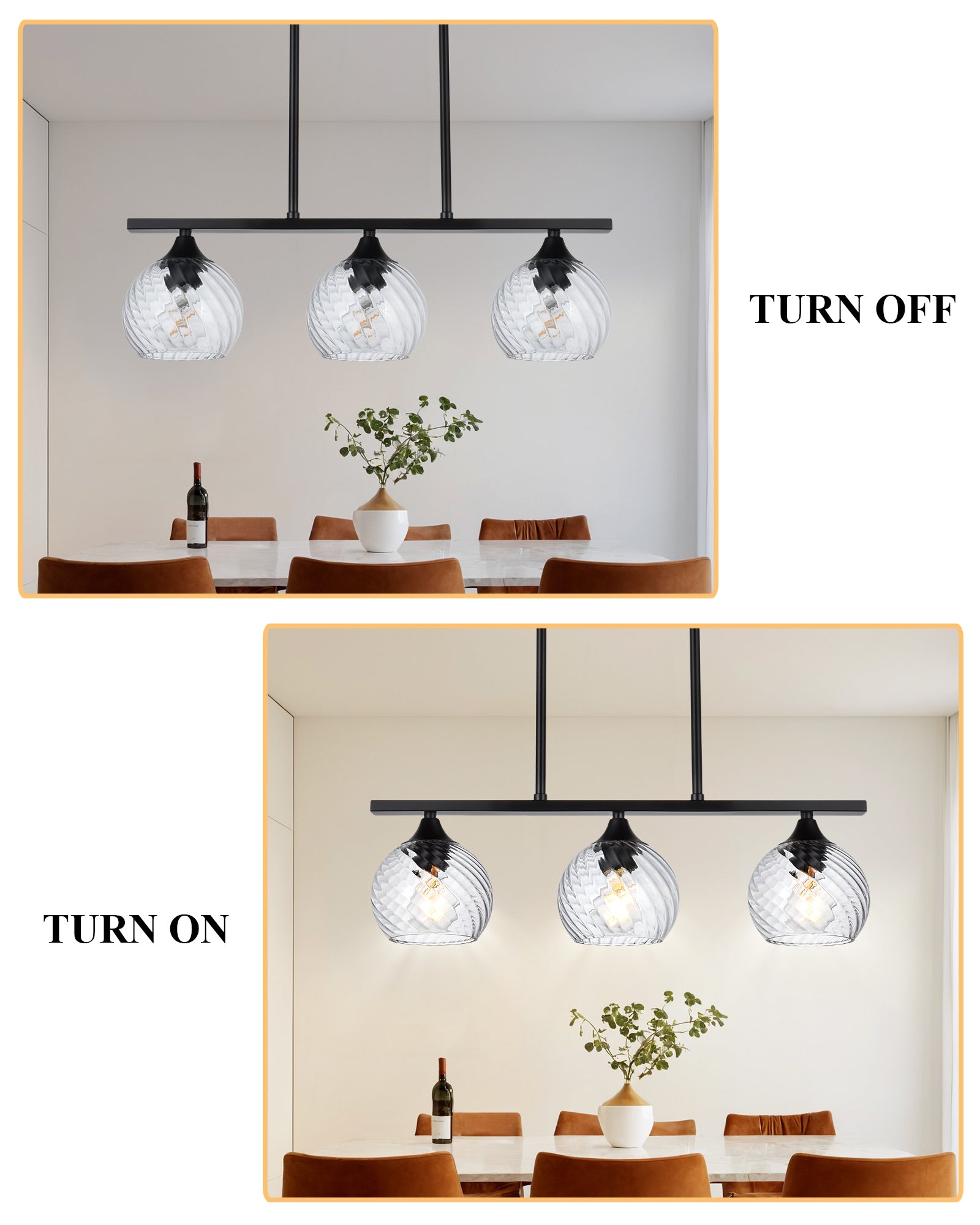 Kitchen Island Light Fixtures, Matte Black Pendant Hanging Lighting with Clear Globe Glass Shades E26 Socket, Modern Ceiling Chandelier for Pool Table Dining Room