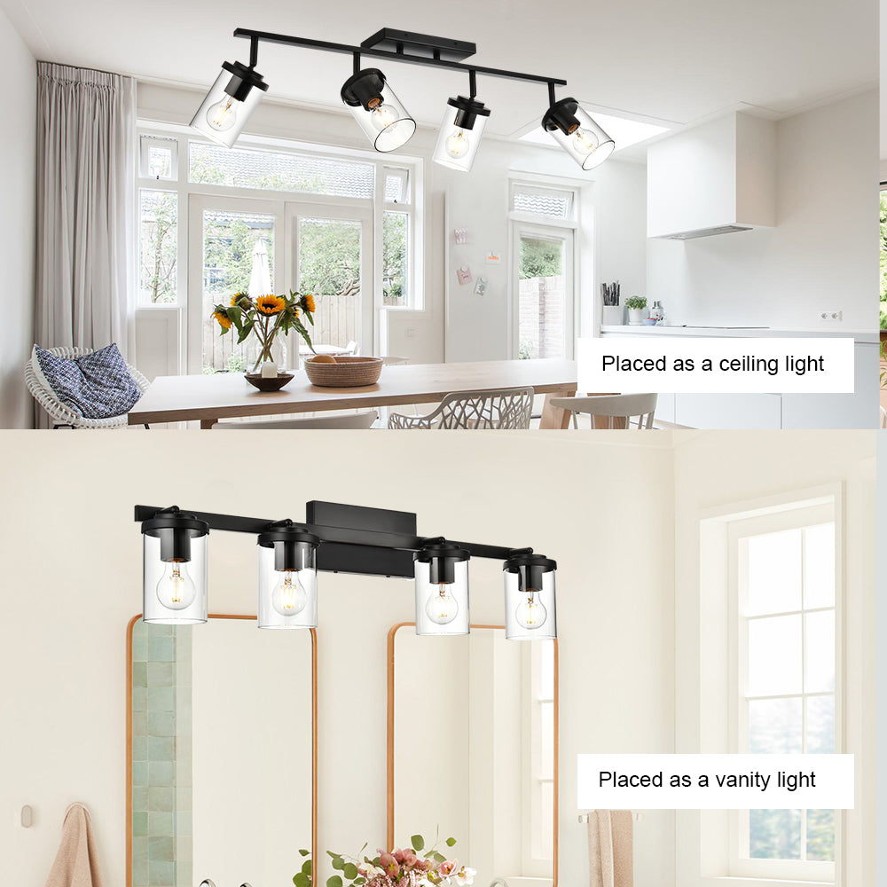 Black Adjustable Track Light Fixture – Modern 4-light Clear Glass Shade Vanity Track Lights with Flexible Heads Wall Mounted