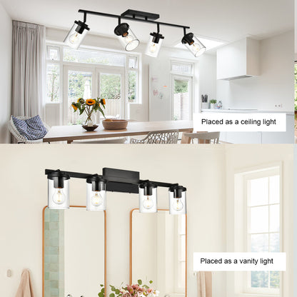 Black Adjustable Track Light Fixture – Modern 4-light Clear Glass Shade Vanity Track Lights with Flexible Heads Wall Mounted