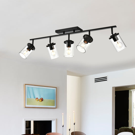 Black Adjustable Track Light Fixture – Modern 5-light Clear Glass Shade Vanity Track Lights with Flexible Heads Wall Mounted