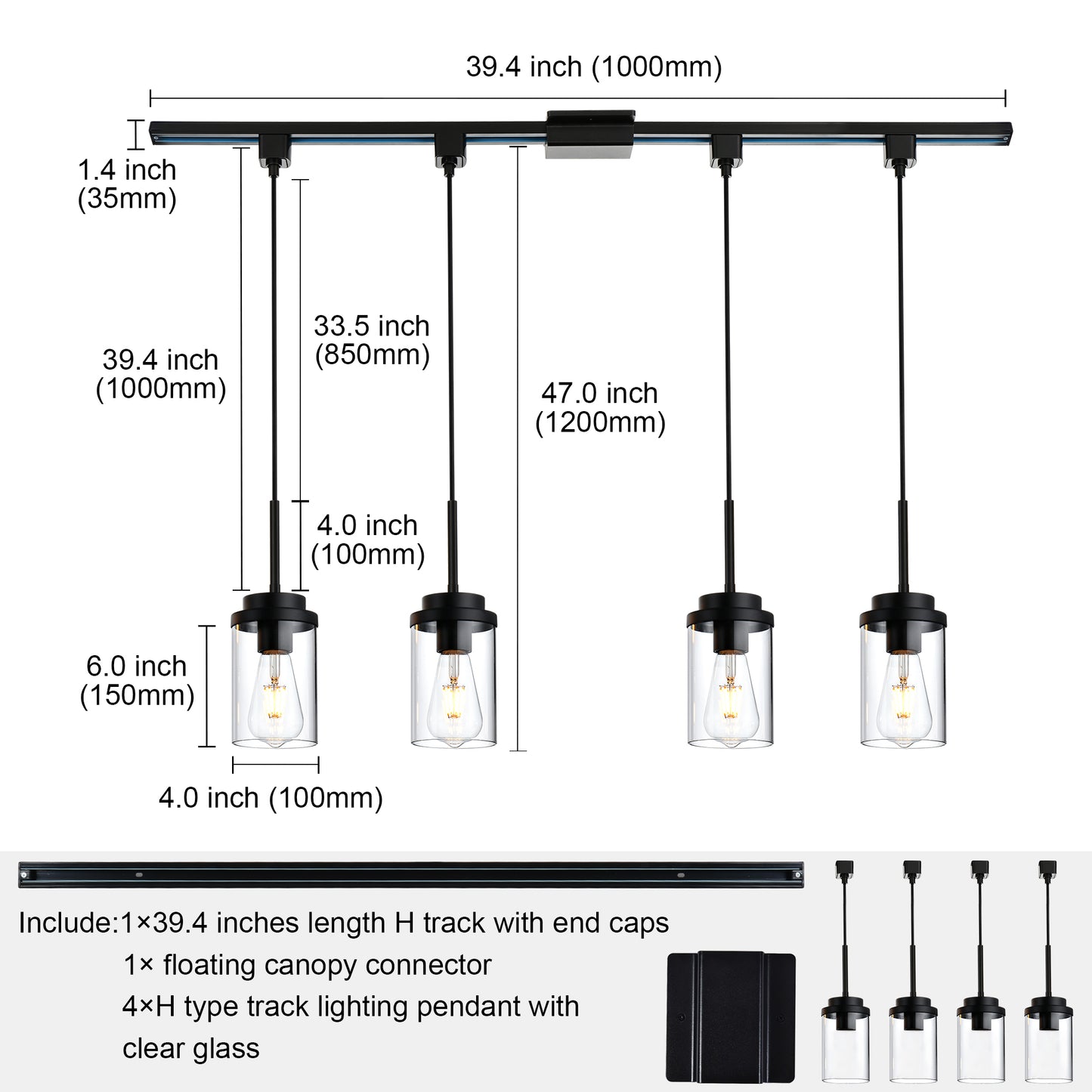 Melucee Edgar H-type Track Pendant Lights 4packs