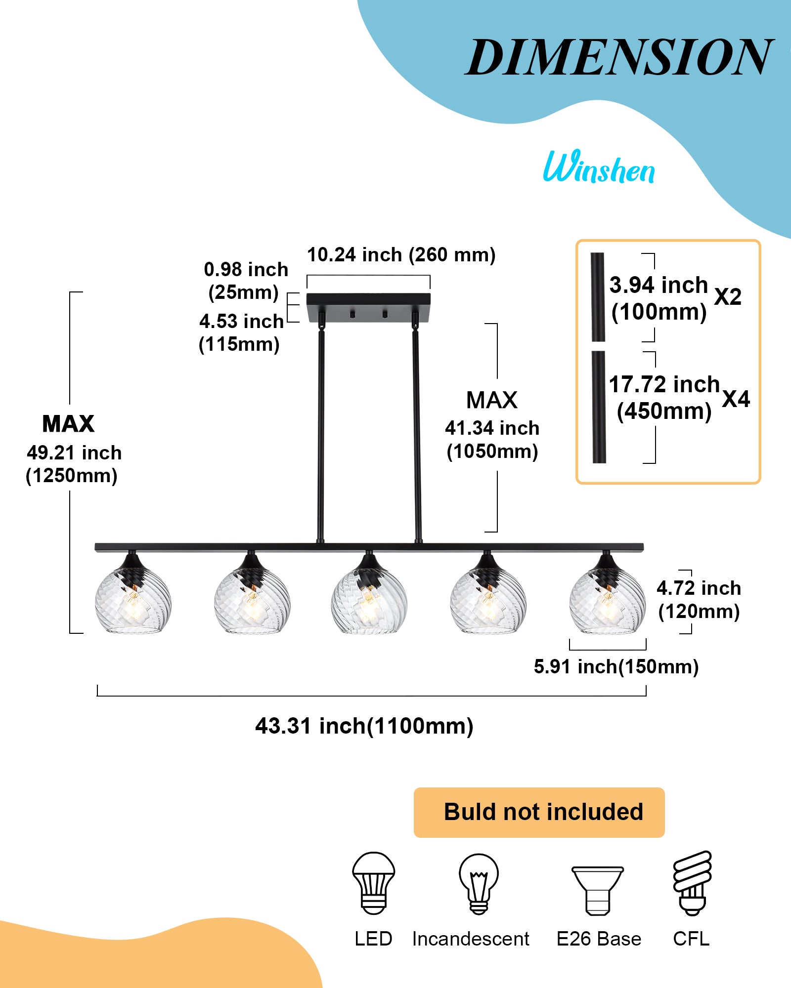 Kitchen Island Light Fixtures, Matte Black Pendant Hanging Lighting with Clear Globe Glass Shades E26 Socket, Modern Ceiling Chandelier for Pool Table Dining Room