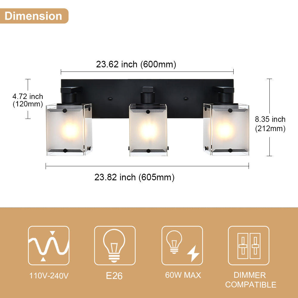 3-Lights Wall Sconce Lighting, Black Bathroom Vanity Light Fixture with Rectangular Frosted Glass for Over Mirror, E26 Bulb Base