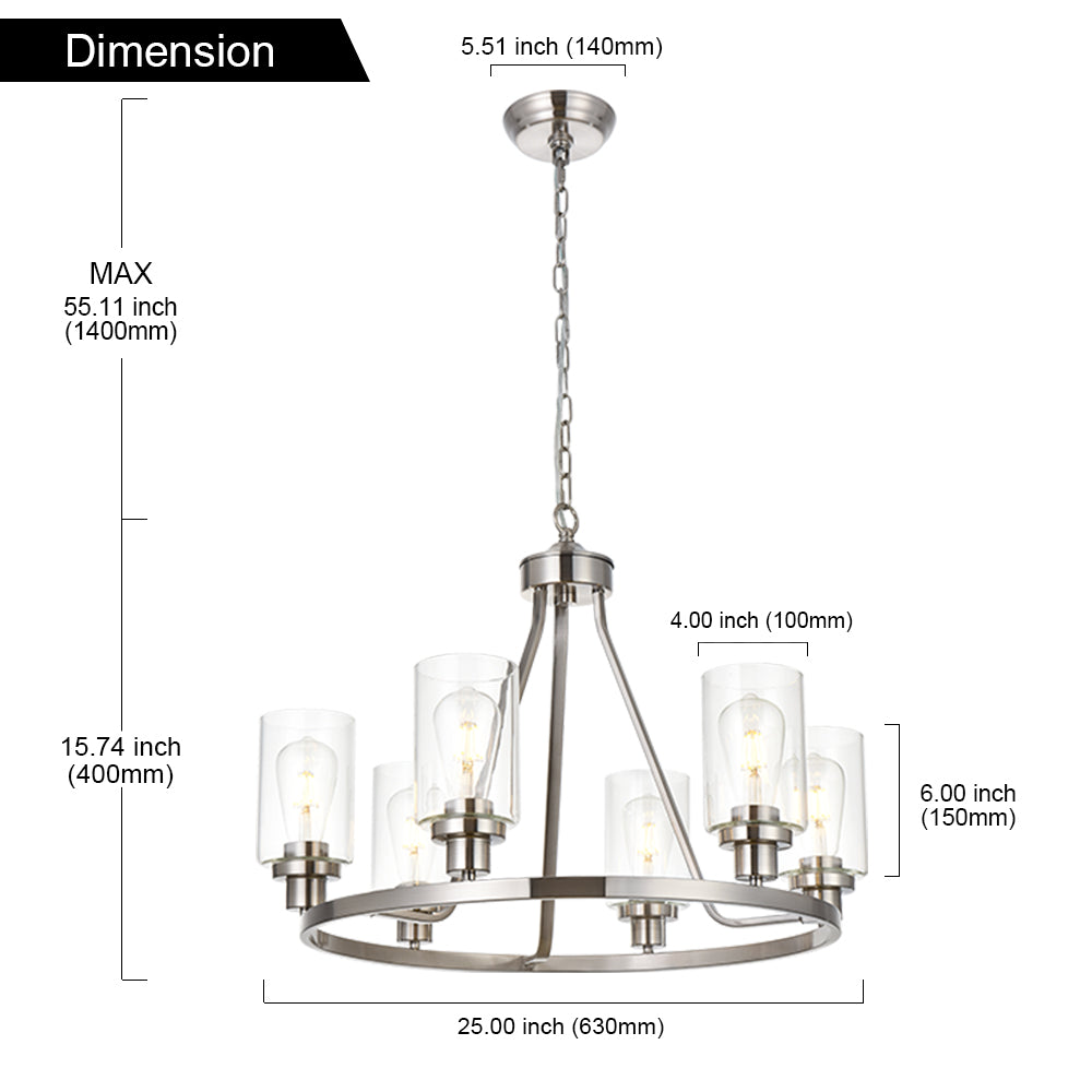 6 Lights Round Chandelier Brushed Nickel Island Lighting Dining Room Lighting Fixtures Hanging Glass Pendant Light for Kitchen Living Room Bedroom