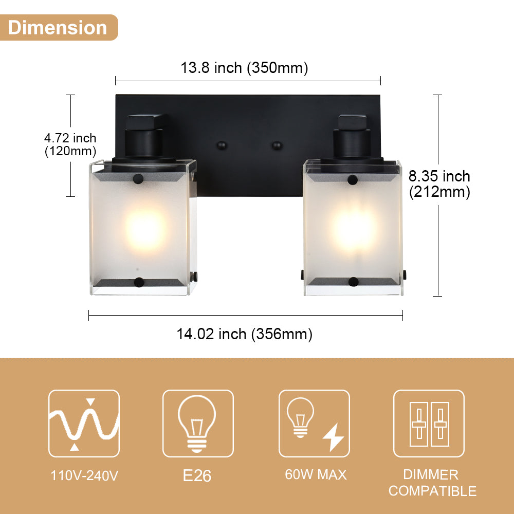 Black Wall Sconce Lighting, 2-Light Bathroom Vanity Light Fixture Wall Mount Lamp Over Mirror for Bedroom Bedside Studty Living Room, Rectangular Frosted Glass Shade