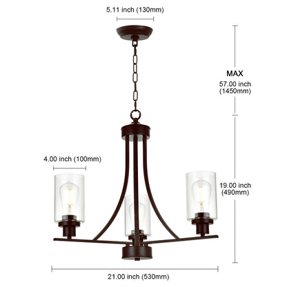 3 Lights Oil-Rubbed Bronze Traditional Chandelier Rustic Kitchen Island Lighting Fixtures Hanging Clear Glass Cylinder Pendant Lights Classic Ceiling Light for Dining Room Bedroom Foyer