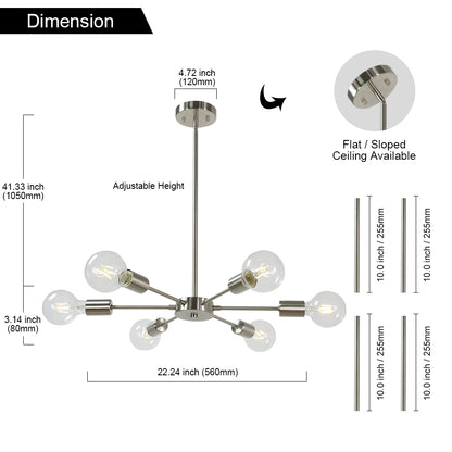 Modern Brushed Nickel Sputnik Chandelier – 6-Light Adjustable Ceiling Fixture for Vaulted Ceilings E26 Bulb Base
