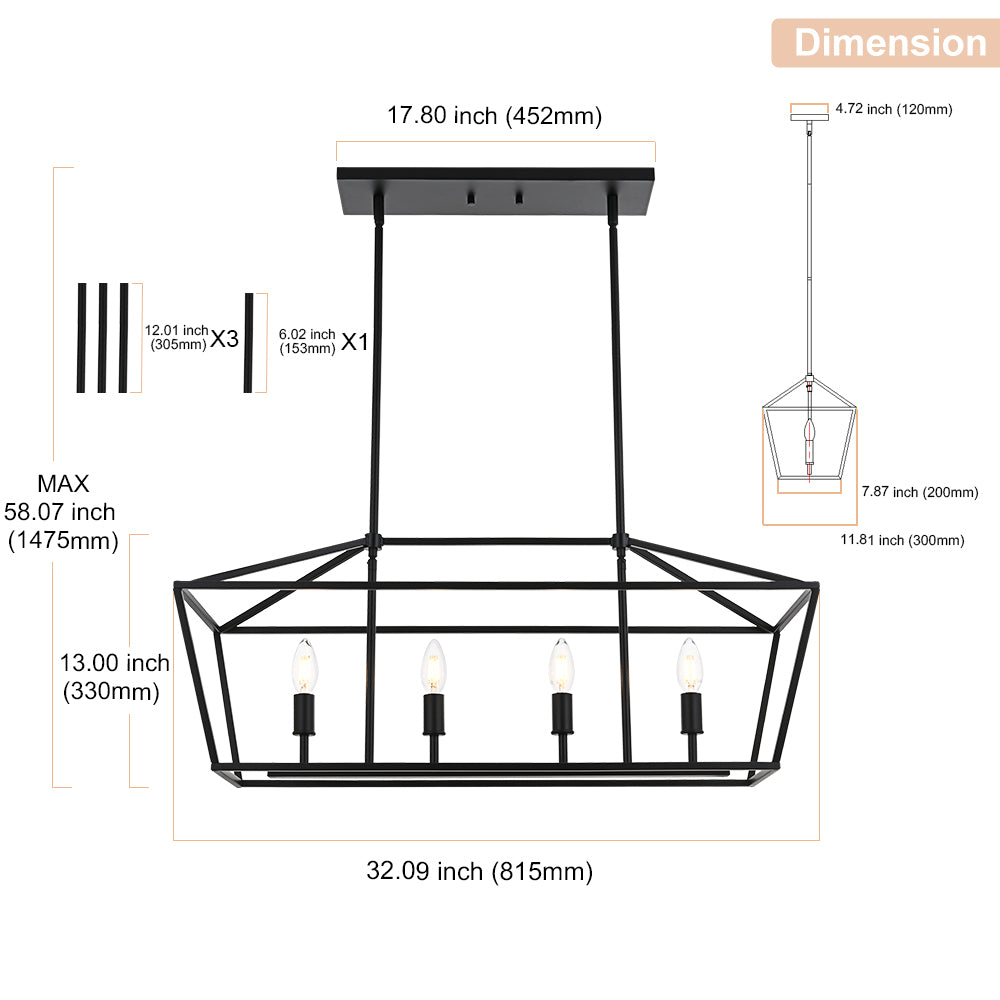 Rustic Chandelier for Dining Room, 32-Inches Width Pendant Lighting for Kitchen Island