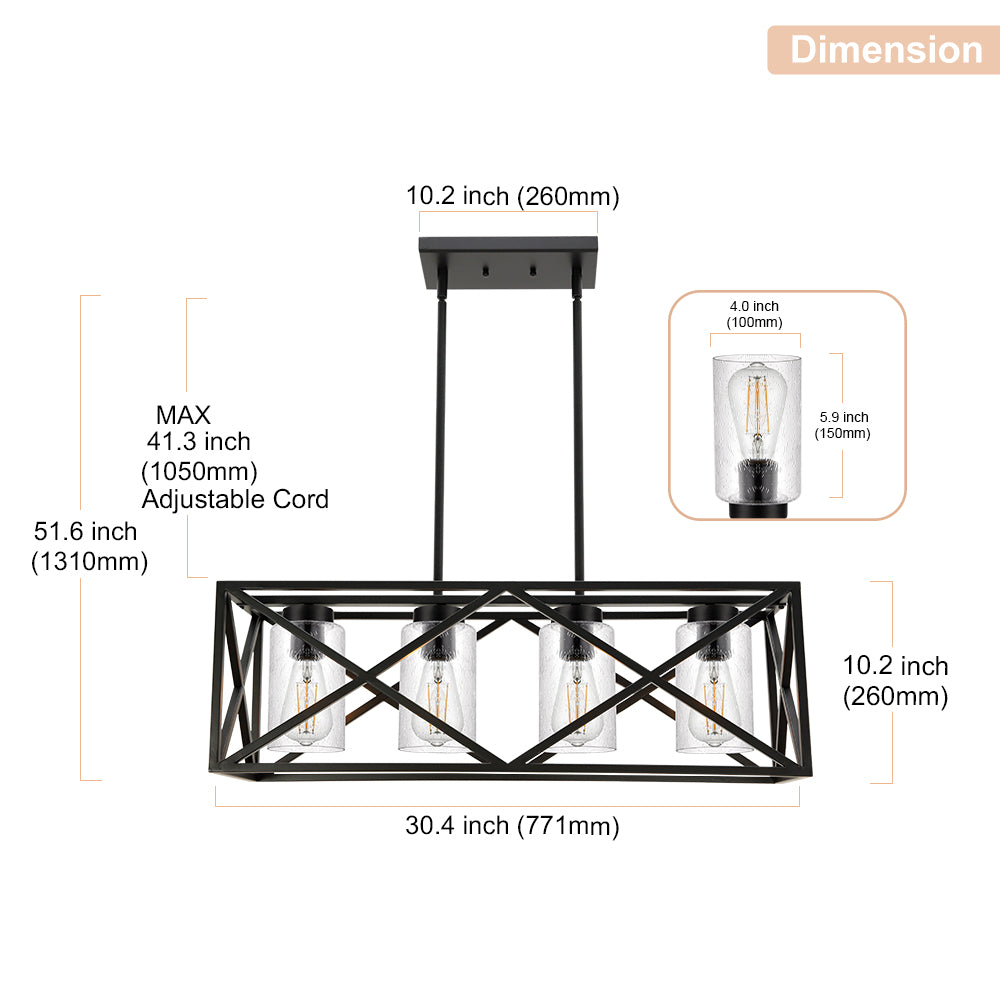 4-Lights Black Farmhouse Rectangle Chandelier Dining Room Light Fixtures, 30.4-Inches Length Contemporary Kitchen Island Pendant Lighting with Seeded Glass Lampshades
