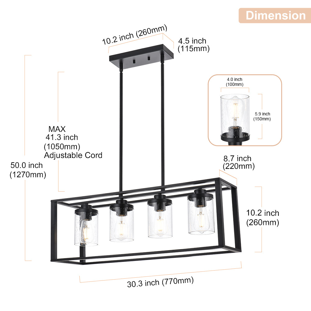 Dining Room Chandelier Lighting Fixtures with Seeded Glass, Linear Pendant Light in Matte Black Finish for Kitchen Island