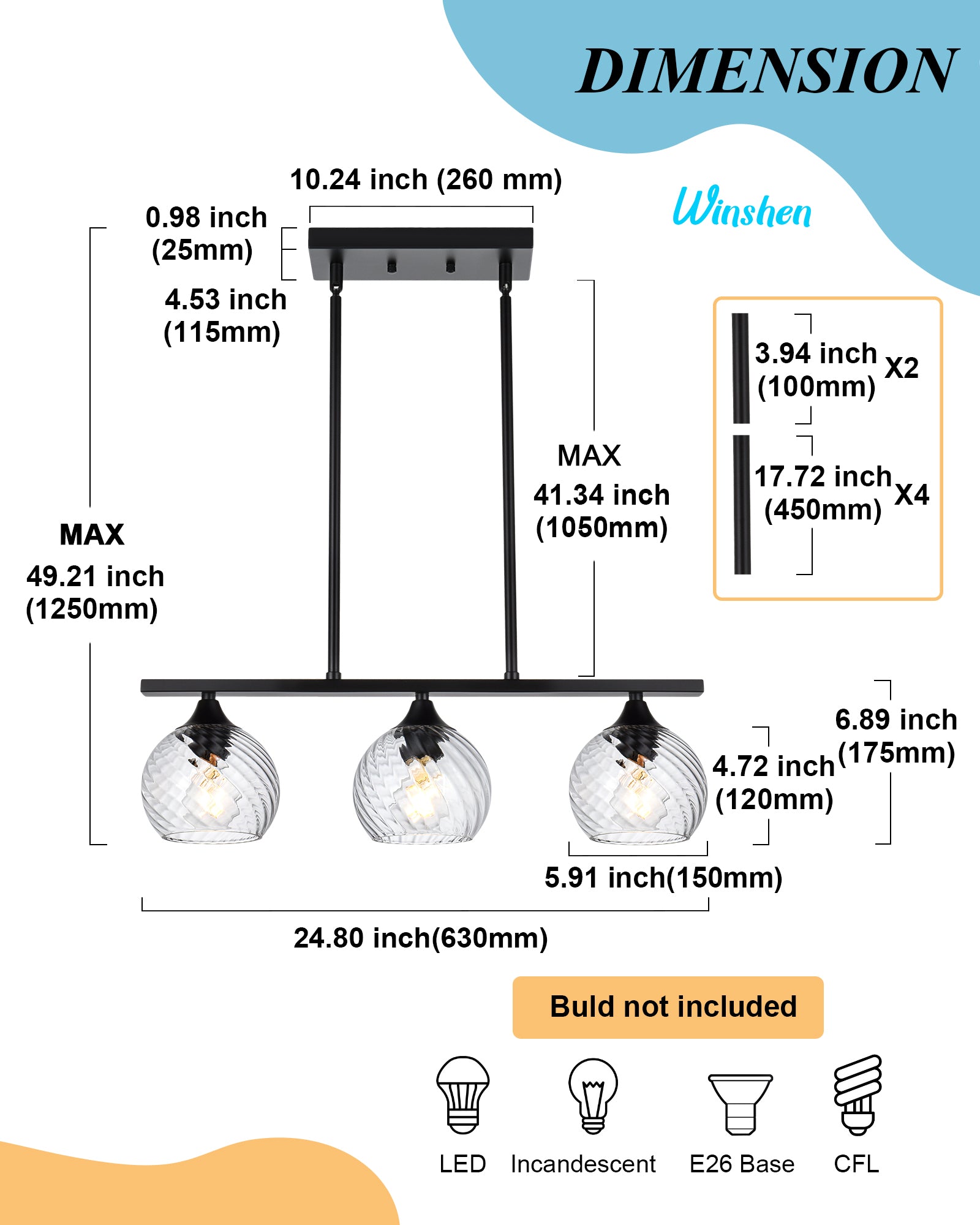 Kitchen Island Light Fixtures, Matte Black Pendant Hanging Lighting with Clear Globe Glass Shades E26 Socket, Modern Ceiling Chandelier for Pool Table Dining Room
