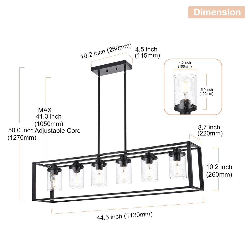 Dining Room Chandelier Lighting Fixtures with Seeded Glass, Linear Pendant Light in Matte Black Finish for Kitchen Island