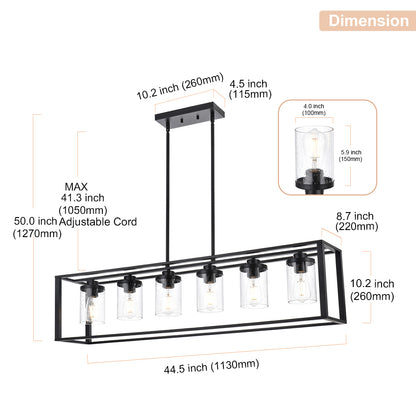 Dining Room Chandelier Lighting Fixtures with Seeded Glass, Linear Pendant Light in Matte Black Finish for Kitchen Island