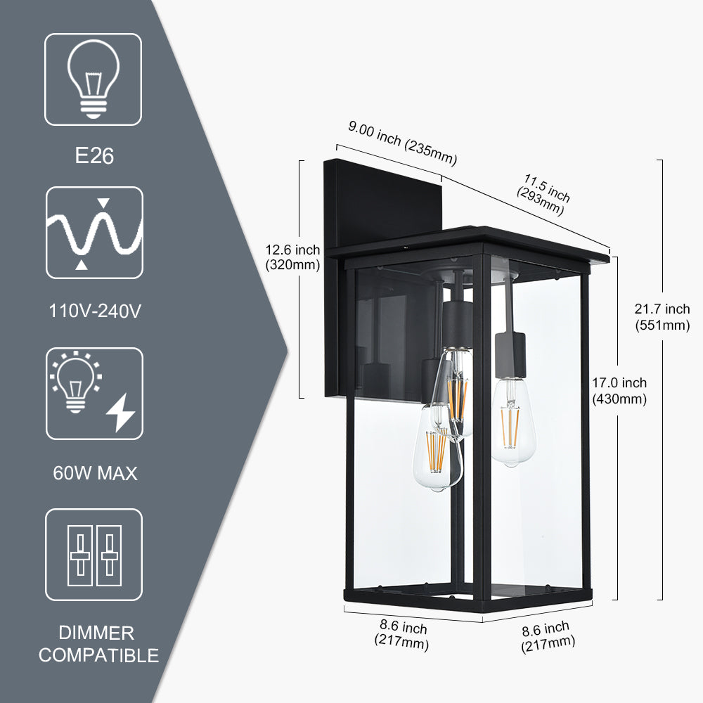 3-Lights Outdoor Wall Light Fixtures, Black Outdoor Wall Sconce Lantern Lighting with Clear Glass Shade, Exterior Wall Mount Lights for for Porch Garage Hallway
