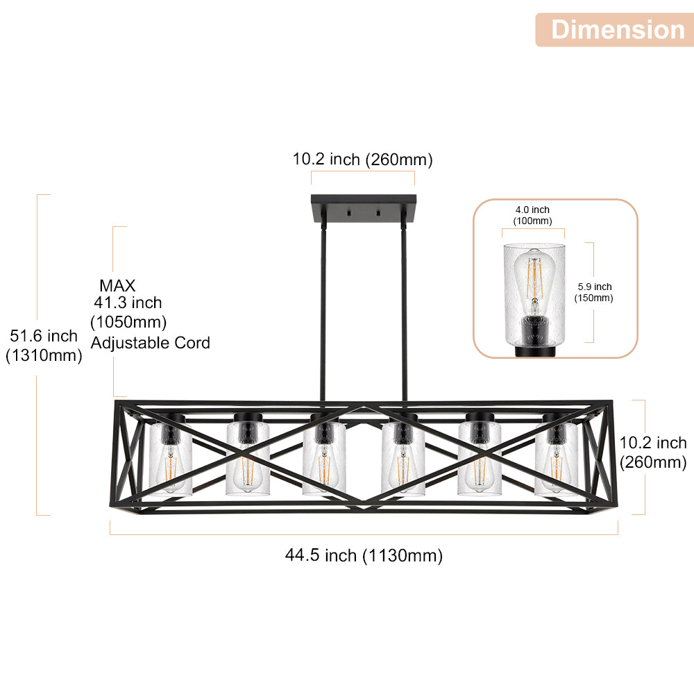 Black 6-Lights Dining Room Lighting Fixtures Hanging with Seeded Glass Lampshades, 45.3-Inches Length Industrial Kitchen Island Pendant Light Chandelier for Pool Table Living Room