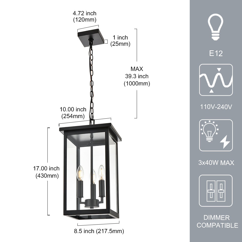 Black Outdoor Pendant Lanern, E12 Candle Chandelier 3-Lights Large Exterior Hanging Light Fixture with Clear Glass Height Adjustable for Indoor Entryway Porch