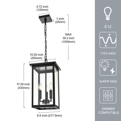 Black Outdoor Pendant Lanern, E12 Candle Chandelier 3-Lights Large Exterior Hanging Light Fixture with Clear Glass Height Adjustable for Indoor Entryway Porch