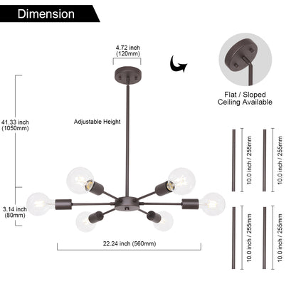 Modern Oil Rubbed Bronze Sputnik Chandelier – 6-Light Adjustable Ceiling Fixture for Vaulted Ceilings E26 Bulb Base