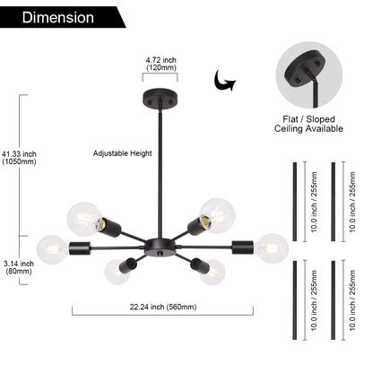 Modern Sputnik Chandelier – 6-Light Adjustable Ceiling Fixture for Vaulted Ceilings E26 Bulb Base