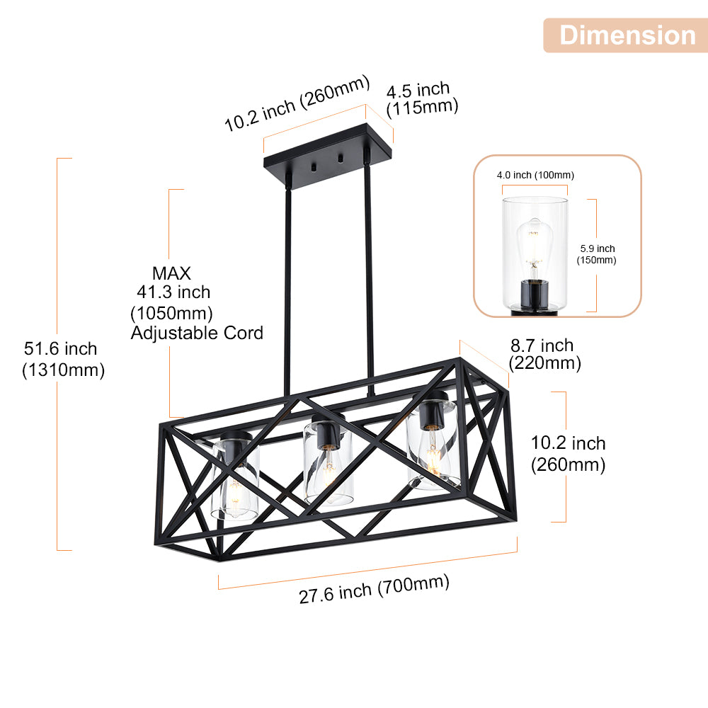 3-Lights Black Kitchen Island Pendant Lighting, Contemporary Dining Room Chandelier with Clear Glass Shades for Overtable Living Room