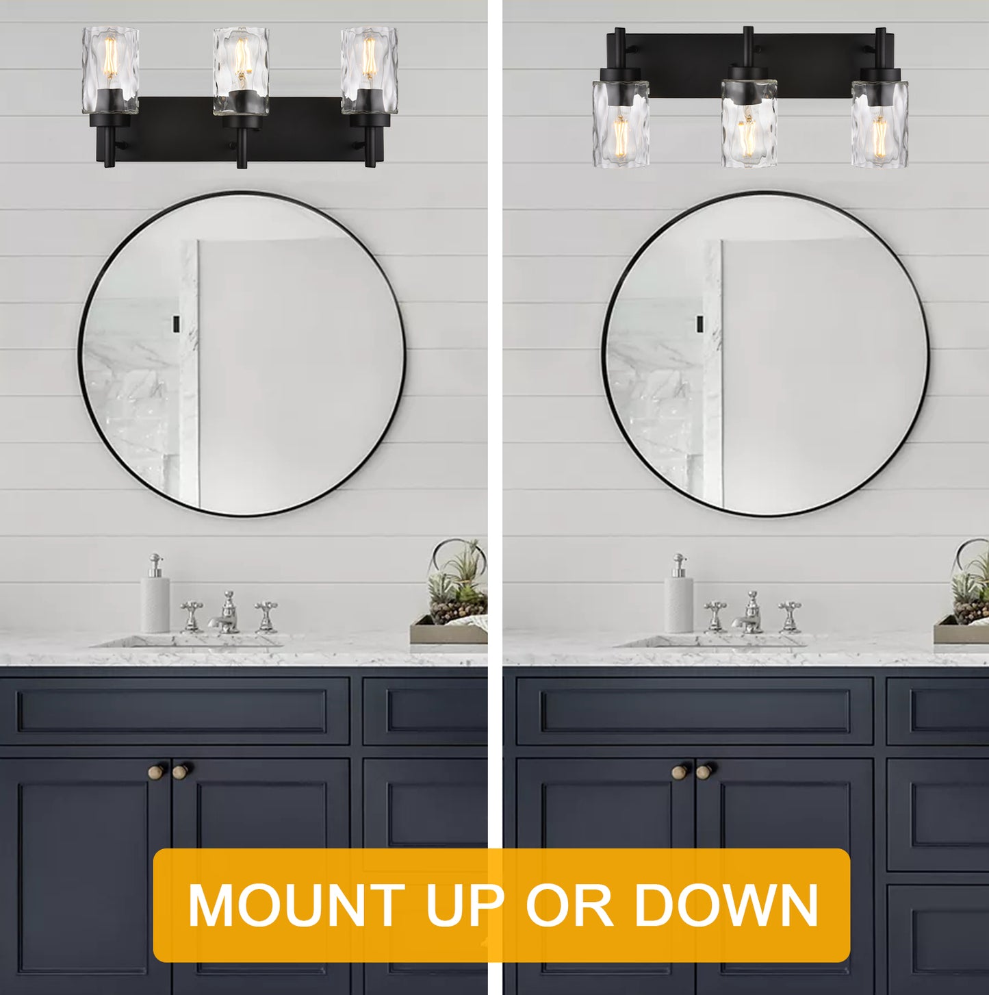 Vanity Light Fixtures 3 Light Modern Wall Sconces Lighting Black Bathroom Lights Wall Mounted with Hammered Glass Shade,Farmhouse Wall Light for Mirror Cabinets, Powder Room, Dressing Table
