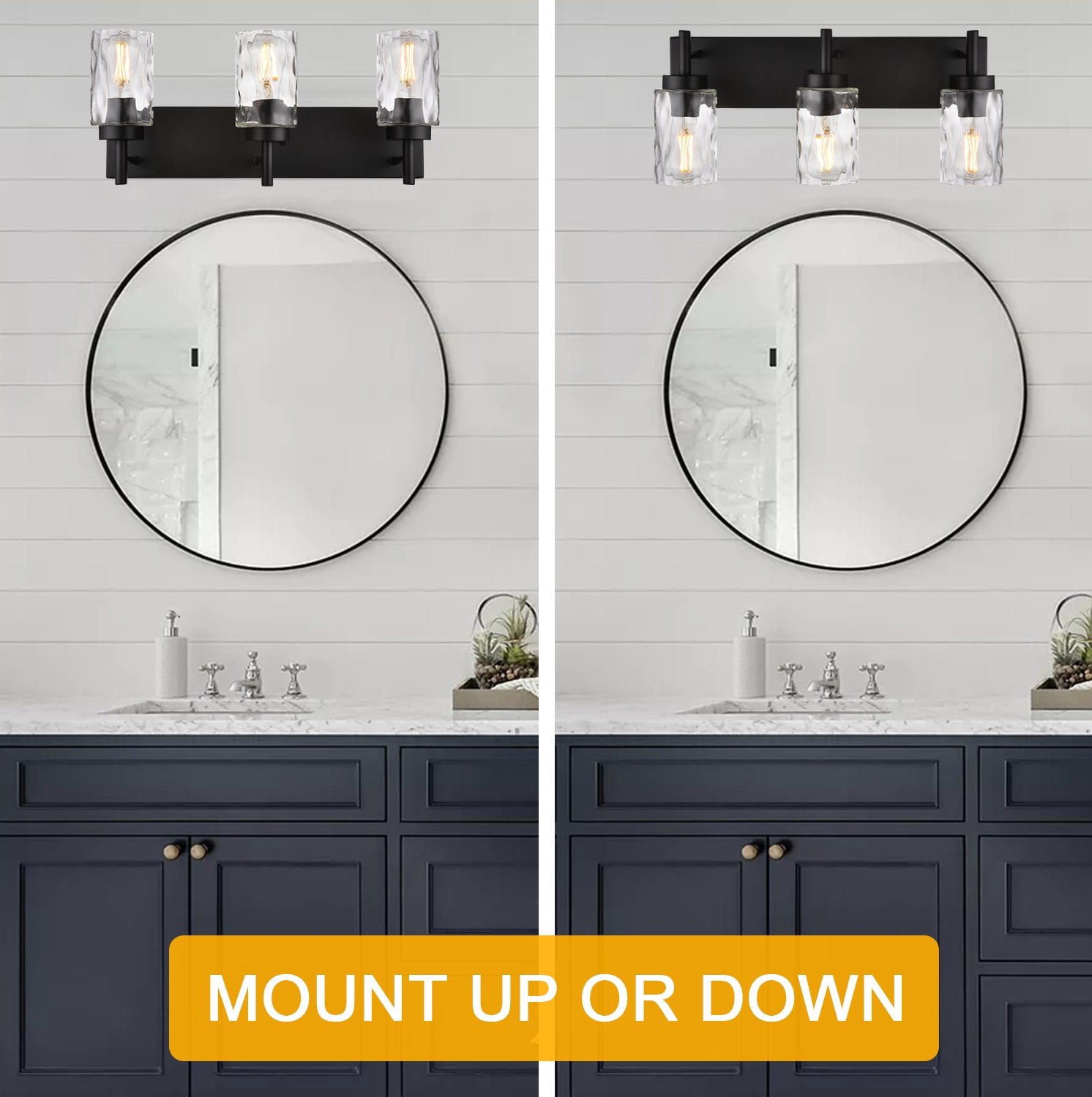 Vanity Light Fixtures 3 Light Modern Wall Sconces Lighting Black Bathroom Lights Wall Mounted with Hammered Glass Shade,Farmhouse Wall Light for Mirror Cabinets, Powder Room, Dressing Table