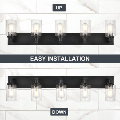 Bathroom Vanity Light Fixtures 5-Lights Seeded Glass Cylinder Shade Modern Farmhouse Wall Sconce Lighting Bath Vanity Lights Over Mirror