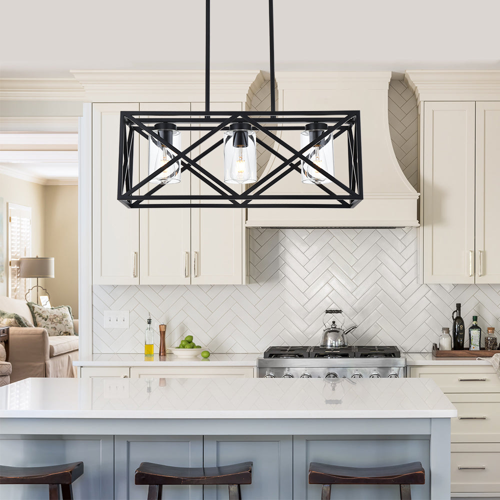 3-Lights Black Kitchen Island Pendant Lighting, Contemporary Dining Room Chandelier with Clear Glass Shades for Overtable Living Room