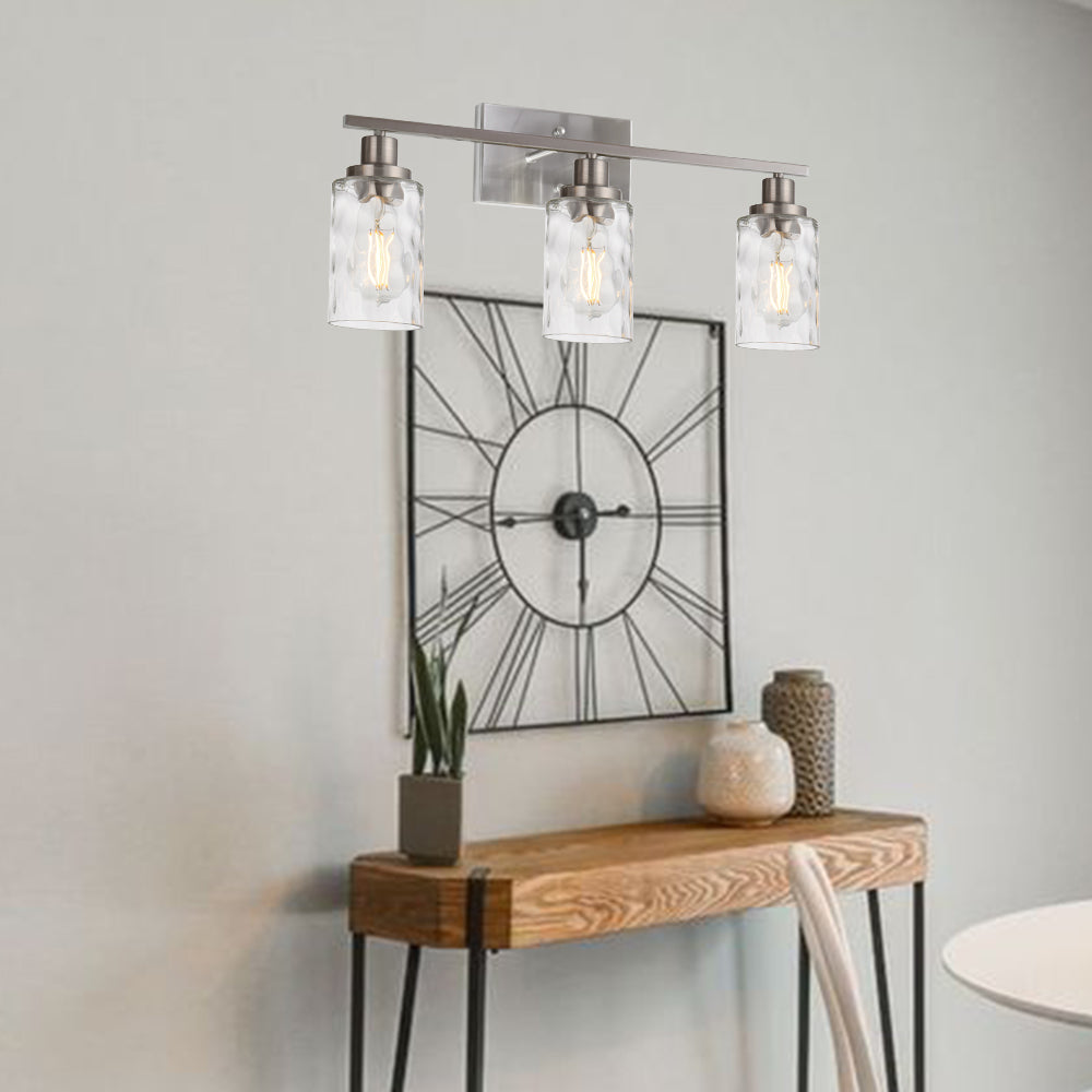3-Light Bathroom Lights Modern Vanity Lights Brushed Nickel Finish with Hammered Glass Shade, Industrial Wall Light Fixture for Bedroom Living Room Kitchen