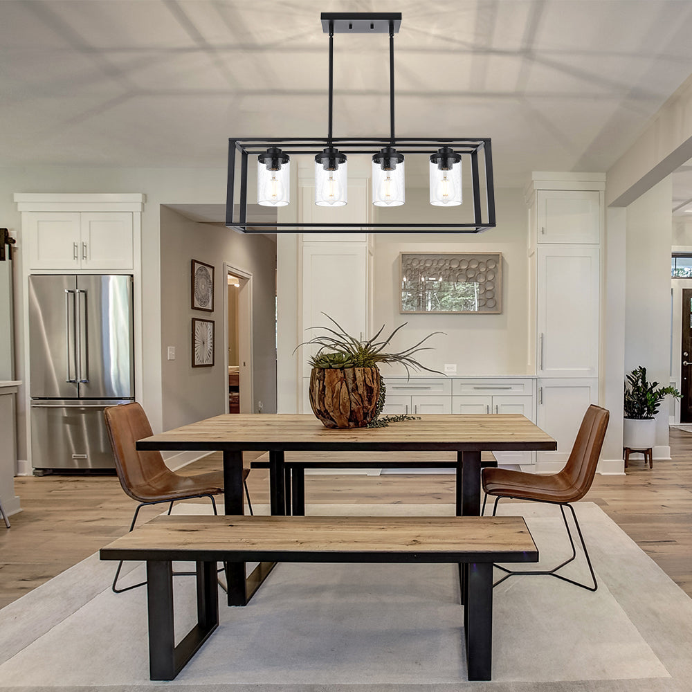 Dining Room Chandelier Lighting Fixtures with Seeded Glass, Linear Pendant Light in Matte Black Finish for Kitchen Island