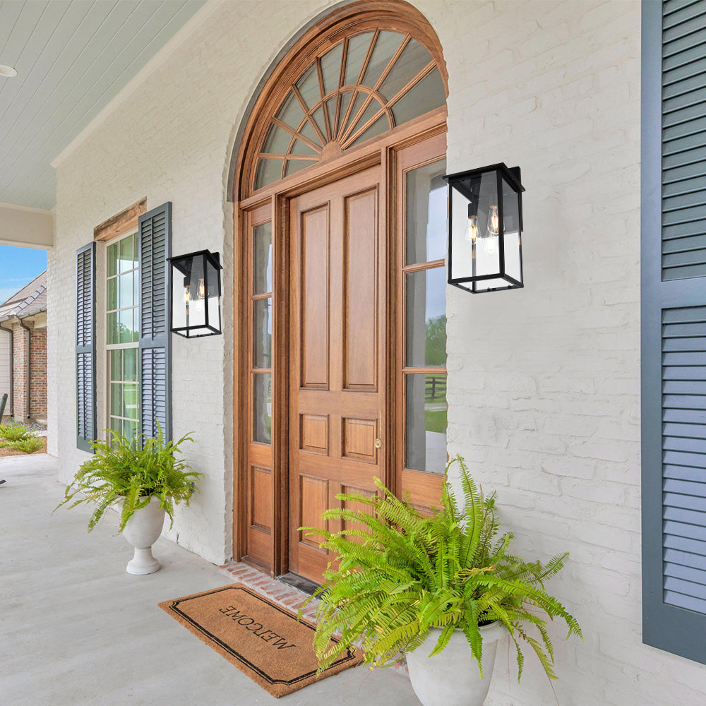 3-Lights Outdoor Wall Light Fixtures, Black Outdoor Wall Sconce Lantern Lighting with Clear Glass Shade, Exterior Wall Mount Lights for for Porch Garage Hallway