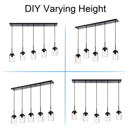 Kitchen Island Lighting Modern 5 Lights Linear Chandeliers for Dining Room, Industrial Black Pendant Light Fixtures Ceiling Hanging with Clear Glass Shade, 40.1 Inches Length