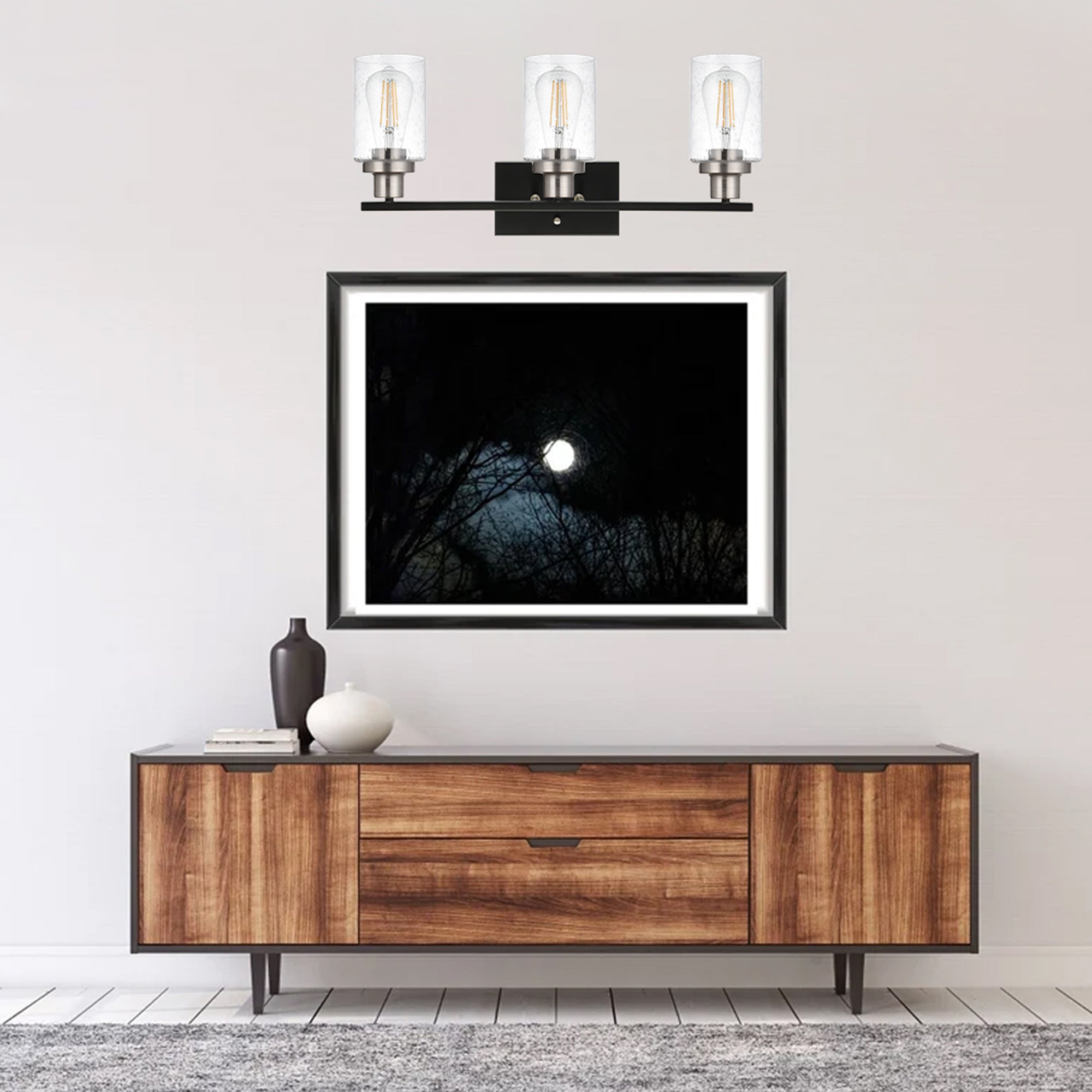 3 Lights Vanity Lights for Bathroom 23.6 Inches, Wall Mounted Light Fixture Farmhouse Bathroom Light Fixtures with Seeded Glass Shade, Black and Brushed Nickel Finish