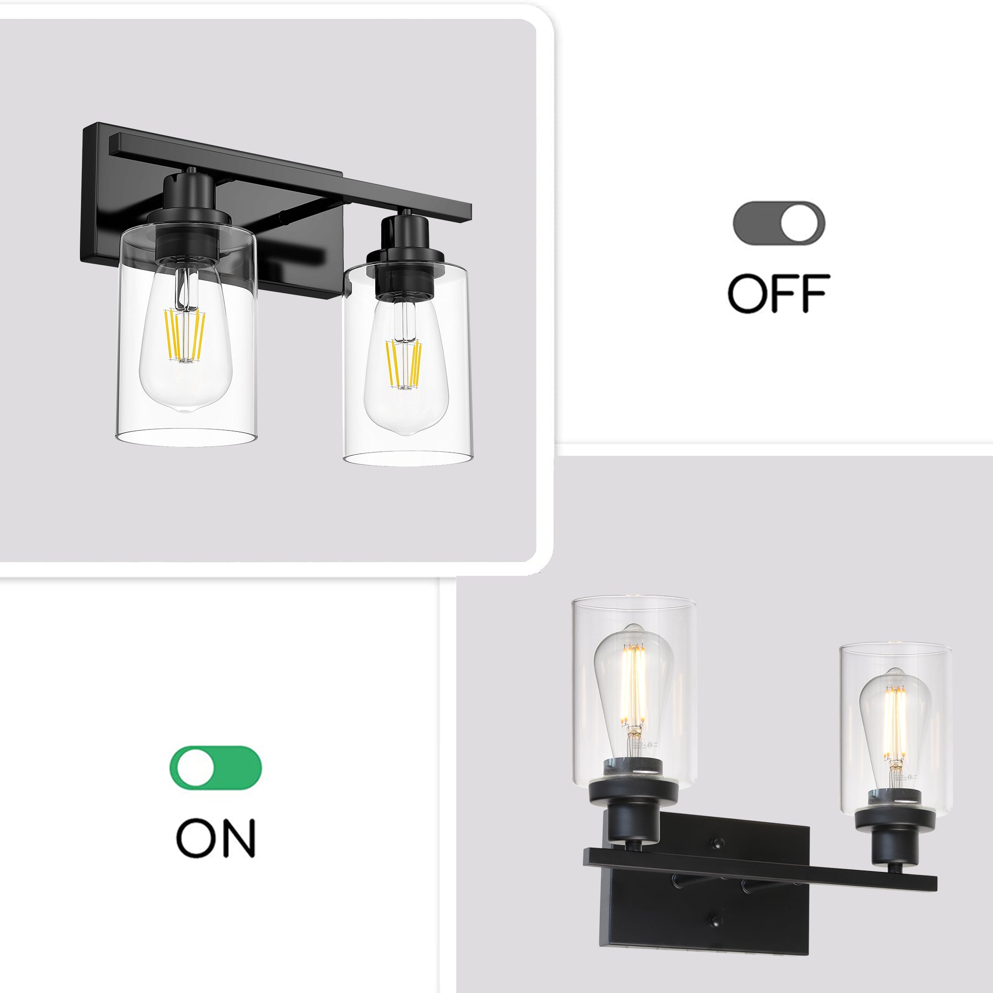 2-Light Black Wall Sconce Industrial Vintage with Clear Glass Shade and Metal Base, Bathroom Vanity Lights Hallway Light Fixture Sconces Wall Lighting