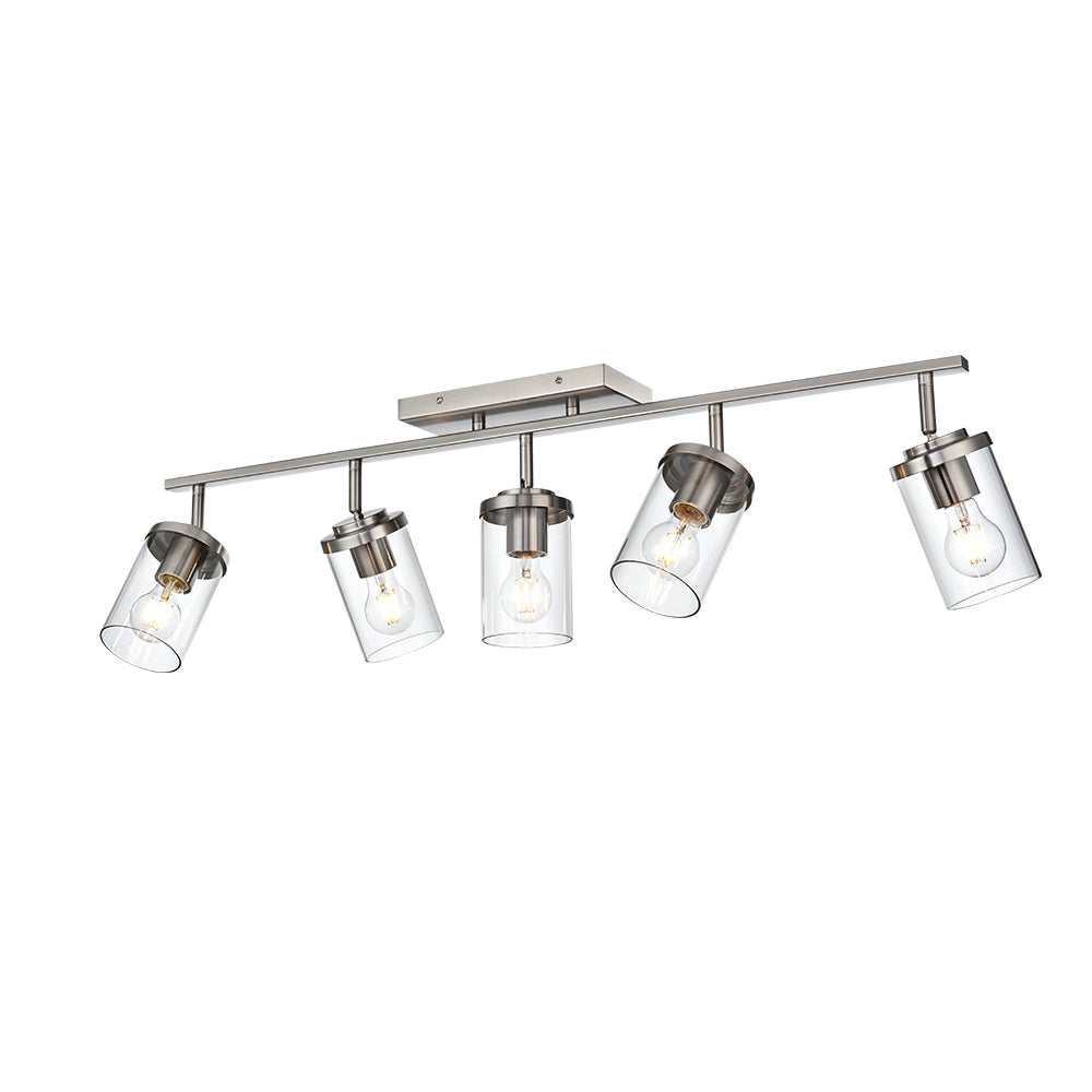 Brushed Nickel Adjustable Track Light Fixture – Modern 5-light Clear Glass Shade Vanity Track Lights with Flexible Heads Wall Mounted