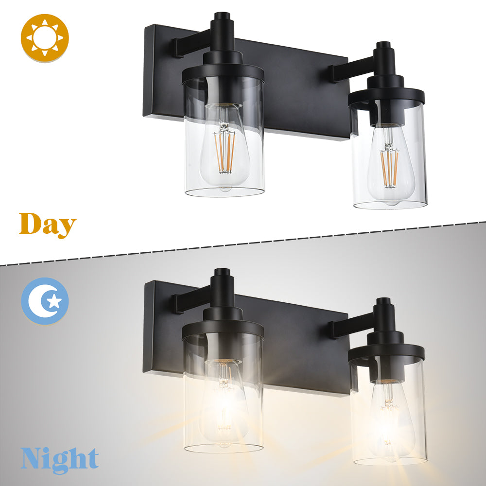 2 Light Bathroom Light Fixtures,Vintage Wall Vanity Light Metal Wall Mount Lamp with Clear Glass in Black Finish Wall Sconces Lighting for Powder Room, Hallway, Kitchen, Mirror, Laundry Room