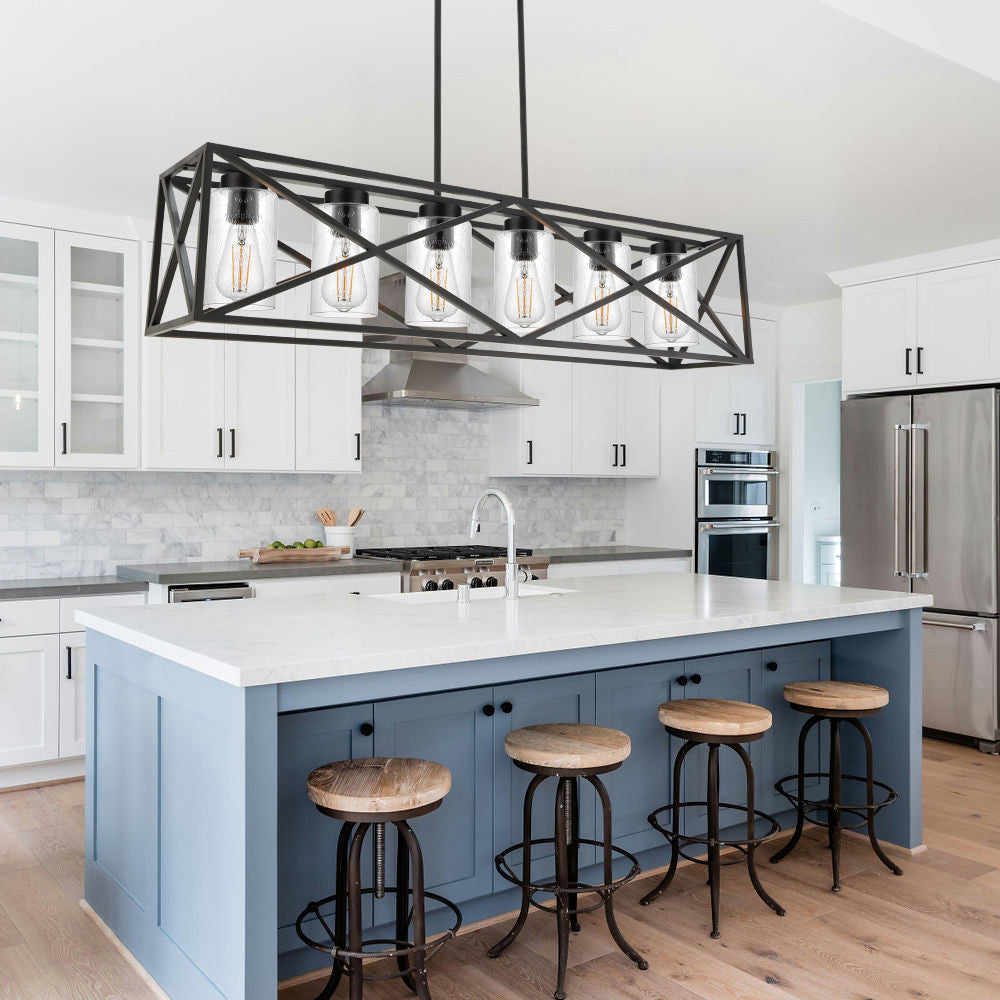 Black 6-Lights Dining Room Lighting Fixtures Hanging with Seeded Glass Lampshades, 45.3-Inches Length Industrial Kitchen Island Pendant Light Chandelier for Pool Table Living Room