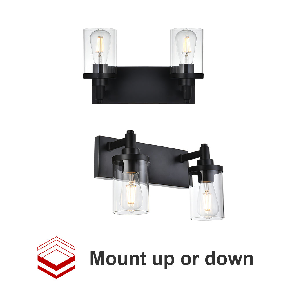 2 Light Bathroom Light Fixtures,Vintage Wall Vanity Light Metal Wall Mount Lamp with Clear Glass in Black Finish Wall Sconces Lighting for Powder Room, Hallway, Kitchen, Mirror, Laundry Room