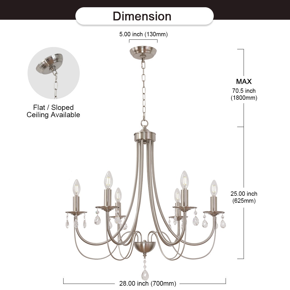 Brushed Nickel Chandeliers 6 Lights Crystal Chandelier Modern Candle Pendant Light Fixtures Elegant Ceiling Hanging Lights for Dining Room Living Room