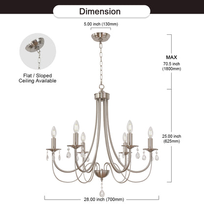 Brushed Nickel Chandeliers 6 Lights Crystal Chandelier Modern Candle Pendant Light Fixtures Elegant Ceiling Hanging Lights for Dining Room Living Room