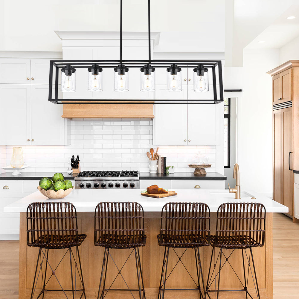 Dining Room Chandelier Lighting Fixtures with Seeded Glass, Linear Pendant Light in Matte Black Finish for Kitchen Island